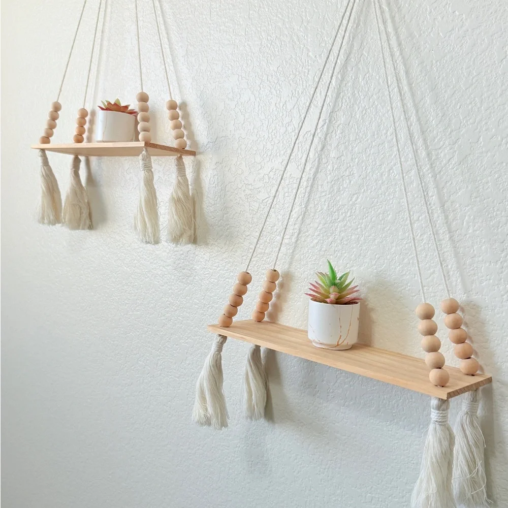 Black Natural Wood Hanging Wall Shelves with Tassels set (2)